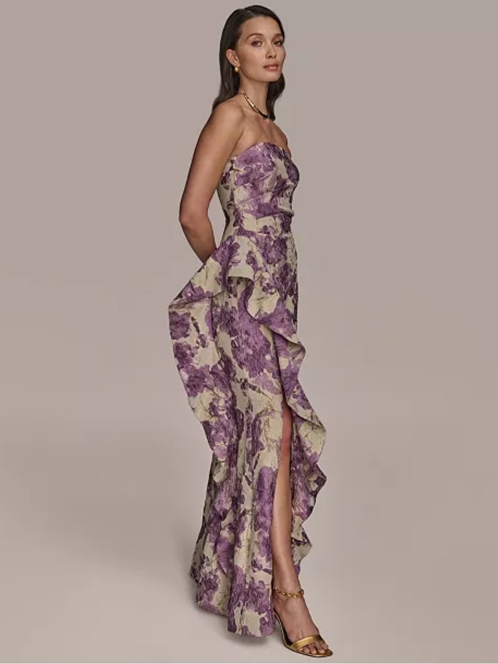 Donna Karan Floral Ruffle Strapless Jacquard Trumpet Gown - Picture 2 of 7